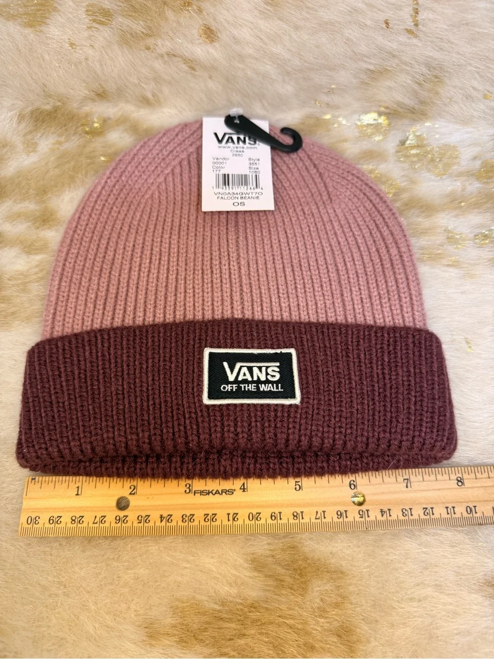 Vans Falcon Beanie Pink Burgundy Two Tone Cuffed Knit OS New With Tags Unisex